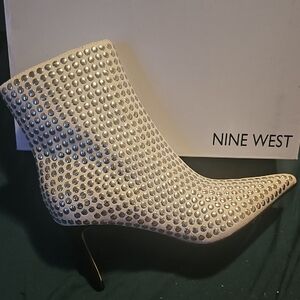 Nine West Silver Studded Cream Heeled Boots